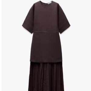 ZARA NWT WOMAN SS25 PLEATED COMBINATION DRESS BROWN 4192/001